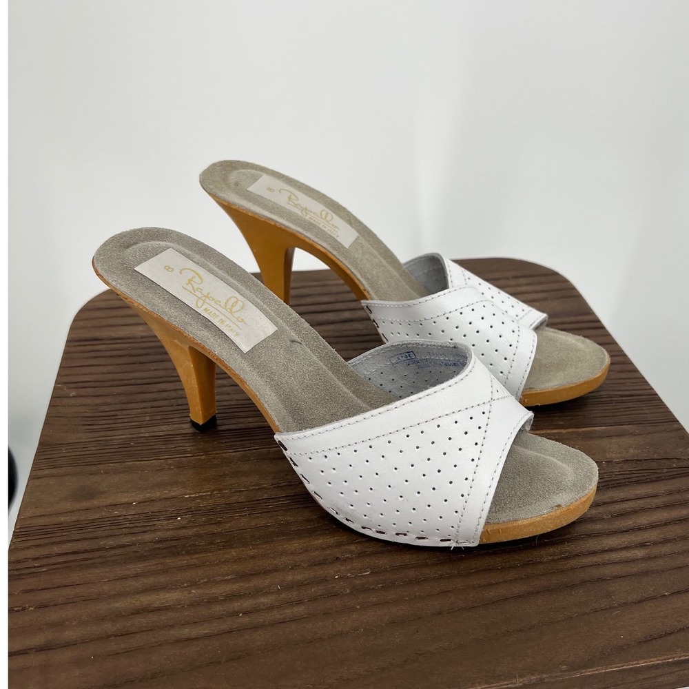 Vintage Rapallo White Perforated Leather Mule Heels Made in Italy Size 8